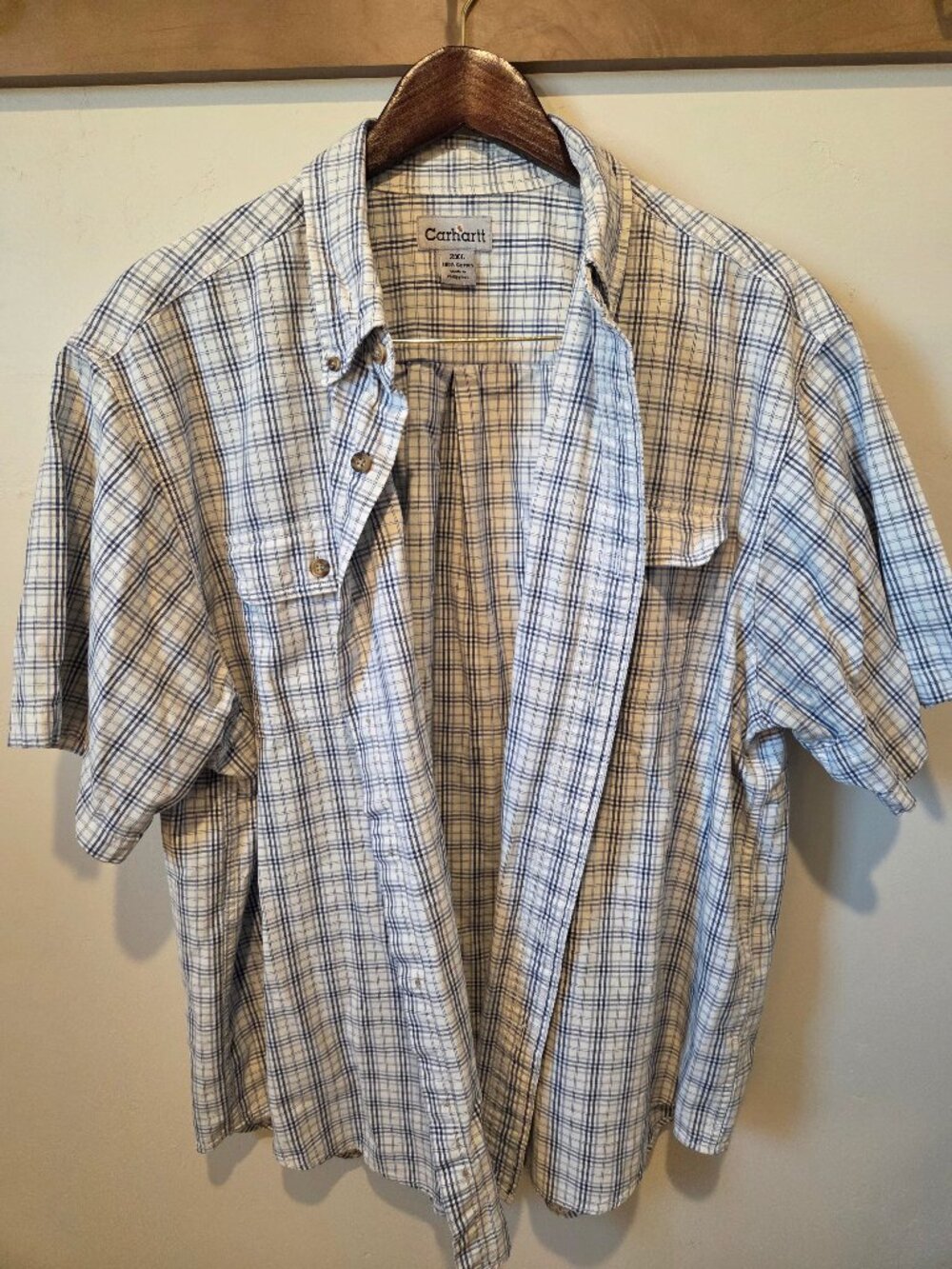 Carhartt Men’s 2XL Blue White Plaid Short Sleeve Button-Up Work Shirt